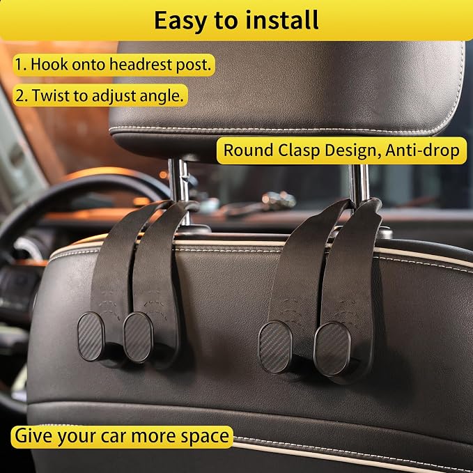 Purse Hook for Car Headrest, Silicone Car Seat Back Storage Hook, Twin Hooks Carbon Fiber Textured Car Headrest Hangers, Bag Holder for Sedan, Trucks, SUVs, Most Vehicles (Black-2PCS)
