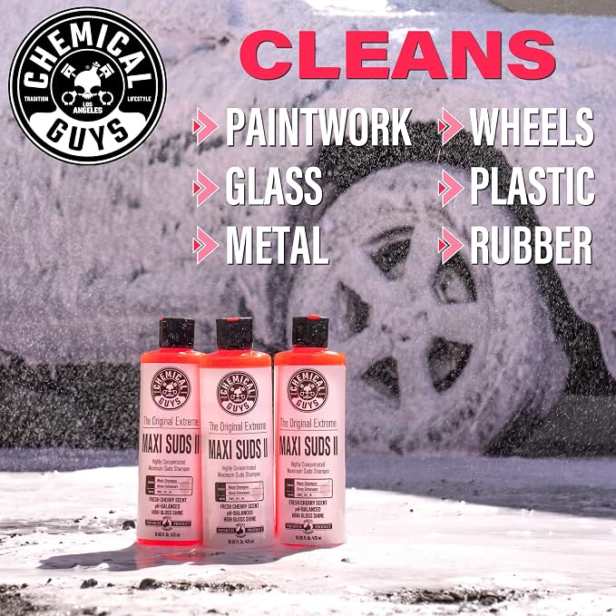 CWS_101_64BK Car Wash Detailing Bucket, Mitt & Accessories Bundle (6 Items) Featuring Maxi-Suds II Foaming Car Wash Soap 64 oz (.5 Gal) Cherry Scent - Works on Cars, Trucks, SUVs, & More
