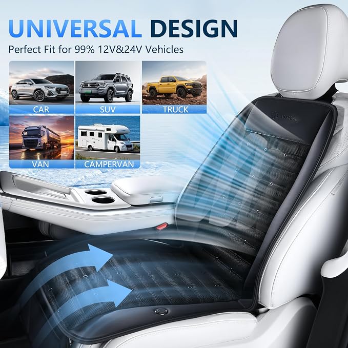Cooling Car Seat Cover Ventilated Seat Cushion with 2 Powerful Turbo Fans 3-Speed Adjustable 12V-24V Cooling Car Seat Pad for Summer Driving Universal Fit for Car SUV Truck Van