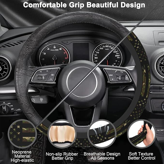 Vintage Camo American Flag Steering Wheel Cover for Men Women,Camouflage Universal 15 Inch Non-Slip Breathable Neoprene Steering Wheel Cover Fit Auto, SUVs,Includes 2 Pieces Cup Coasters