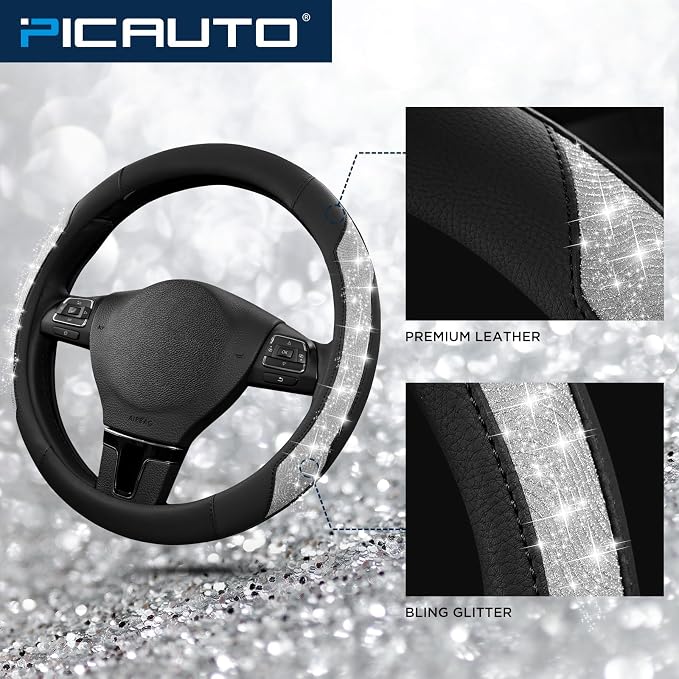 Steering Wheel Cover, Silver Sparkly Crystal Bling Glitter with Leather, Universal Fit 14.5"-15.5" Car Steering Wheels for Girls & Women, Anti-Slip Wheels Cover for Cars, Trucks, Van, SUVs