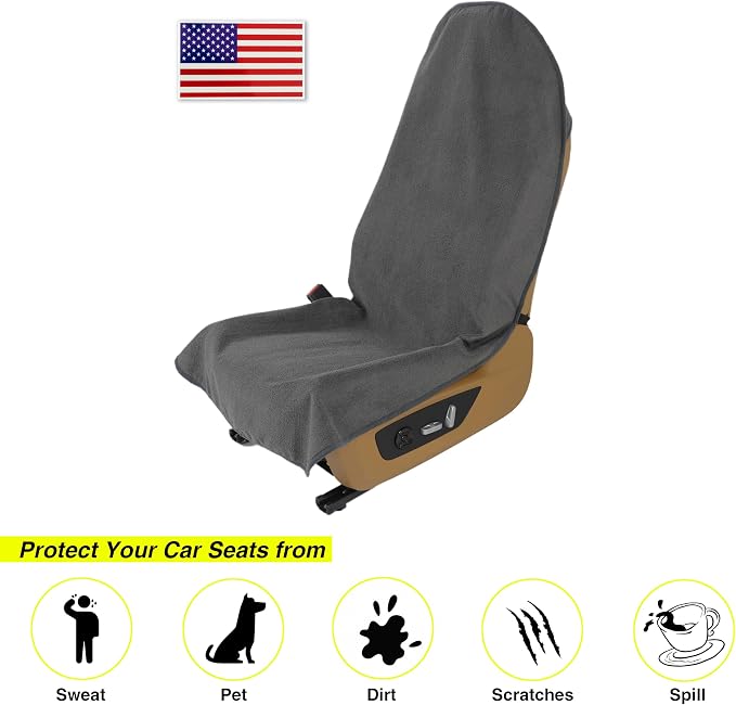 Waterproof Towel Car Seat Cover, Sweatproof Non-Slip Seat Protector, Universal Fit for Front Bucket or Rear Bench Seat of Cars, SUVs, Vans, Trucks, Compatible with Airbags and Armrests
