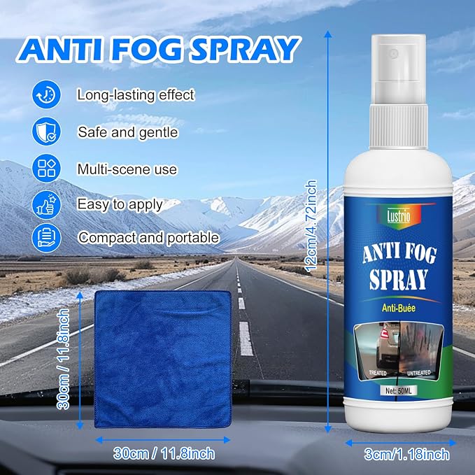 Anti Fog Spray for Car Windshield, 50ml | Prevents Fog on Interior Glass, Works for Side & Rear Windows, Mirror, Eyeglasses, No Streaks, Easy to Apply