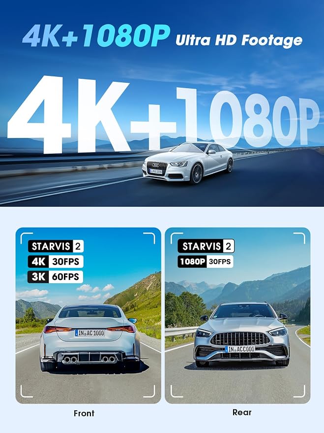 4K Dual Dash Cam Front and Rear, Dual STARVIS 2 IMX678 IMX662 Dashcam, Free 128G Card Included,Car Camera with 32G eMMC, 3K/60FPS, 5G WiFi GPS, 3" IPS, Night Vision, 24H Parking Mode, Z60 Pro