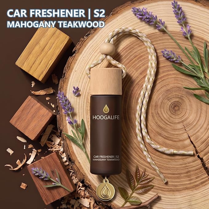Car Air Freshener 2 Pack, Mahogany Teakwood Hanging Diffuser, 45+ Days Long Lasting Scent, Refillable Bottle, Odor Control for Auto Interior, Made in USA