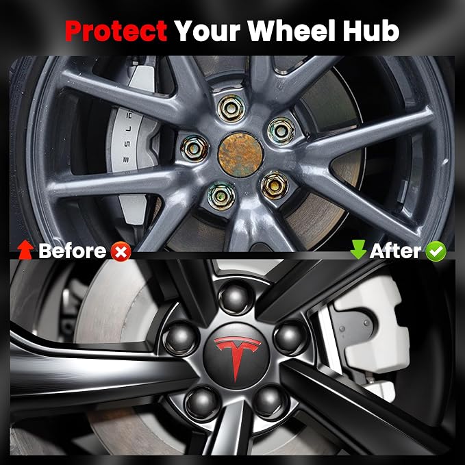 4 Pack Car Wheel Center Hub Cap Kit with 22 Lug Nut Covers, 2.2 in (56mm) Wheel Rim Covers Center Hubcaps with Emblem for Model 3 / Model Y, Matt Black & Red Exterior Decoration for Tesla