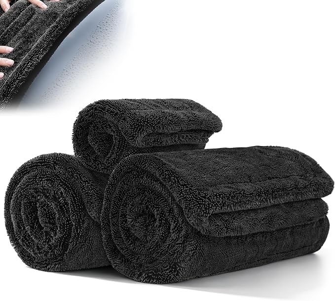 3 Pack Car Drying Towel, 1200GSM Microfiber Towels for Cars | 24 x 36 Inch & 12 x 12 Inch Super Absorbent Detailing Towels Dual Sided Streak-Free Twisted Loop for Auto SUV Truck Boat Home