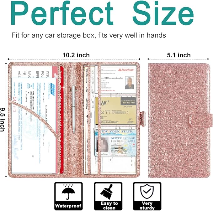 Car Registration & Insurance Holder, Vehicle Glove Box Organizer, Cool Accessories for ID, Driver License Cards & Essential Documents, Glitter Rose Gold