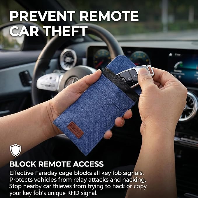Faraday Bag for Car Keys, 4-Layer Key Fob Signal Blocker Pouch (Blue) | 2026 upgraded RFID guard shielding case for keyless entry anti-theft. Durable Oxford fabric with secure hook for all fobs