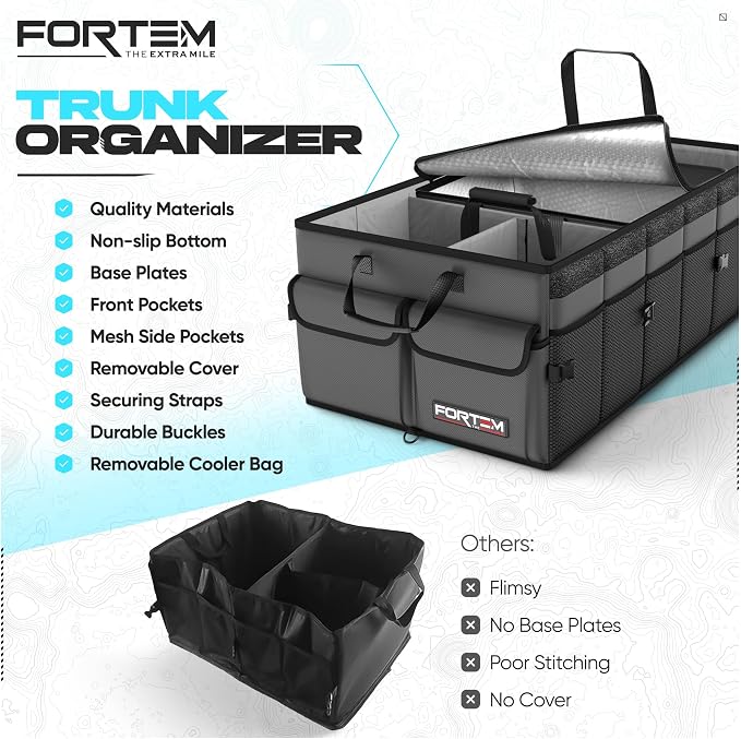 Trunk Organizer with Cooler For SUV Car Trunk, Foldable Storage, Car Accessories for Women Men, Collapsible Bag, 600D Oxford, Non Slip Bottom, Straps, Soft Cover (105L)