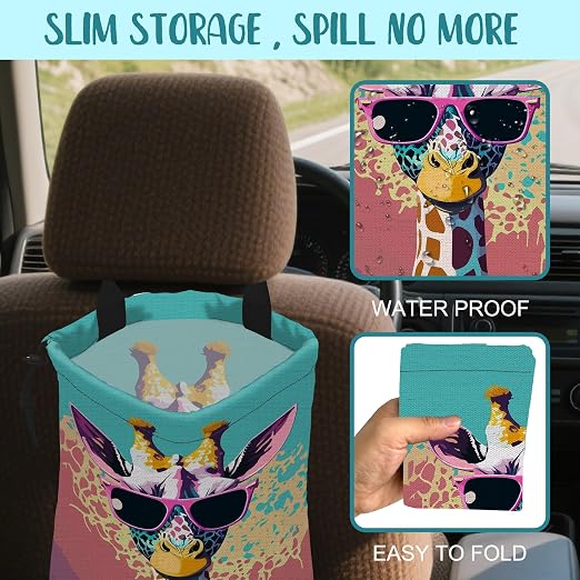 Car Garbage Bag Giraffe Wearing Sunglasses Hanging Canvas Car Trash Bag Waterproof Drawstring Car Back Seat Organizer for Car Back Front Seat Console with Adjustable Buckle
