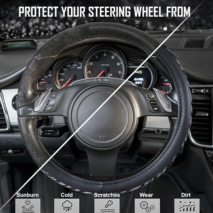 Bling Diamond Leather Steering Wheel Cover, with Bling Sparkly Crystal Glitter Rhinestone Universal Fit 14" 1/2-15" Car Wheel Protector Fit for Women Girl SUV,Vans,Sedans,Trucks, Zebra Print
