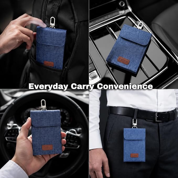 Faraday Bag for Car Keys, 4-Layer Key Fob Signal Blocker Pouch (Blue) | 2026 upgraded RFID guard shielding case for keyless entry anti-theft. Durable Oxford fabric with secure hook for all fobs