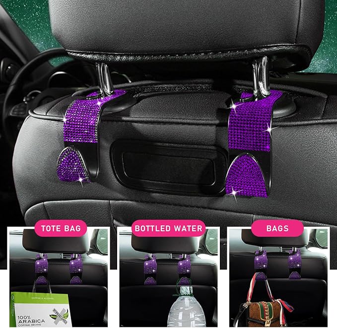 2 PCS Bling Car Seat Headrest Hooks, Crystal Rhinestone Back Seat Hanging Storage Organizer, Auto Purse Bags Hanger, Universal Vehicle Interior Accessories for Women Girls (Purple)