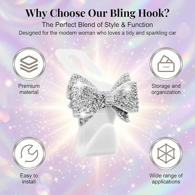 2 PCS Bling Car Seat Headrest Hooks, Crystal Rhinestone Bow Car Purse Hooks, Vehicle Seat Back Storage Hook for Handbag Purse Coat Grocery, Universal for SUV Truck Sedan (White)