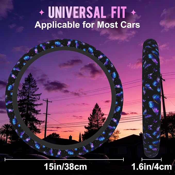 Galaxy Butterfly Steering Wheel Cover for Women Men Neoprene Breathable Wheel Cover Protector Anti-Slip Car Accessories Universal 15 Inch Fit for Cars Trucks Vehicles