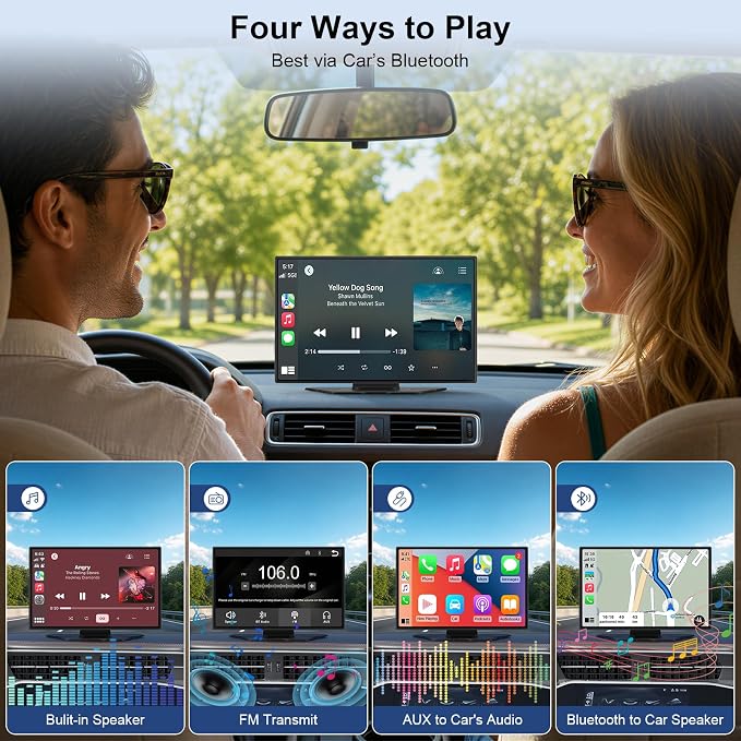 9" Wireless Apple CarPlay & Android Auto Car Screen with 4K Dash Cam, Portable Touchscreen Display with 1080p Backup Camera, GPS Navigation, Mirror Link, Bluetooth 5.0, FM Transmitter & Voice Control