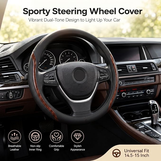 Black Steering Wheel Cover Wood Grain Leather Universal 14.5"-15" | Wood Car Steering Wheel Covers with Coasters Microfiber Breathable Anti-Slip Durable Steering Wheel Accessories Set