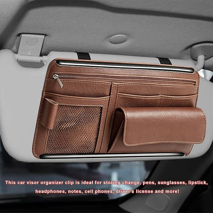 Car Sun Visor Organizer, Scratch-Resistant Auto Visor Glasses Storage Bag with Multi-Pocket Net Zipper, Waterproof Leather Sunshade Organizer Card Holder for Most Vehicles (Brown)