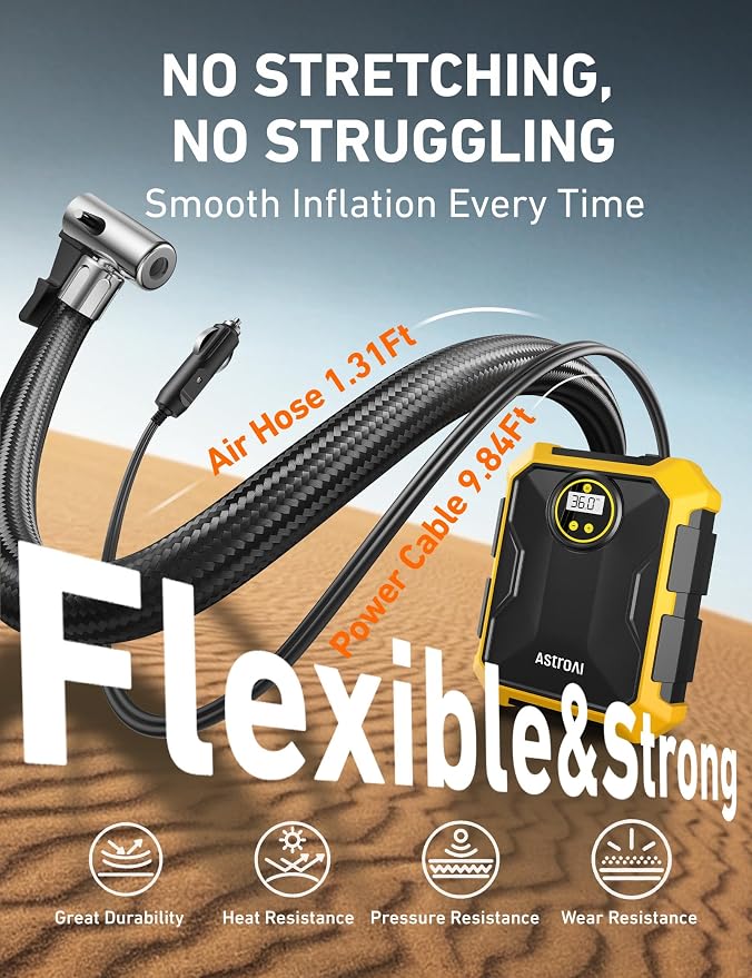 Tire Inflator Portable Air Compressor 12V DC 100PSI, Integrated Storage, Digital Gauge, Auto Shut-Off Fast Inflation LED Light, Air Pump for Car Tires Bike Motorcycle Other Inflatables, Yellow