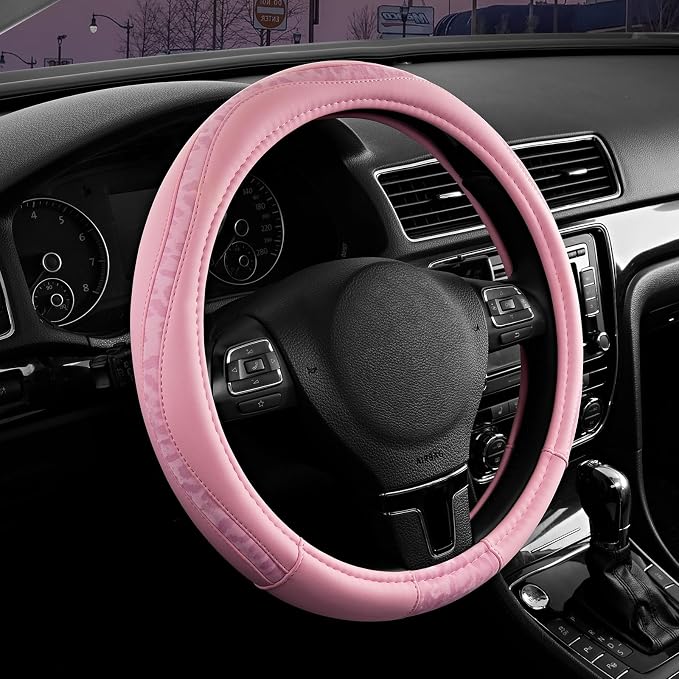 Steering Wheel Cover - Made with PVC Leather and Leopard Fabric - Universal 14 1/2 inches to 15 inches for Most Automotive Steering Wheel - Cheetah Print - All Pink