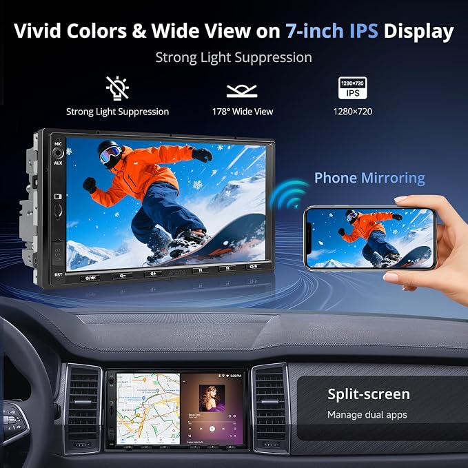 A5L 7inch Android Double DIN Car Stereo & Backup Camera, Wireless CarPlay& Android Auto Touchscreen Head Unit, WiFi/Bluetooth/USB, 2G+32G,MirrorLink, 24B-EQ DSP, FM/AM,GPS Tracking &AI Chat