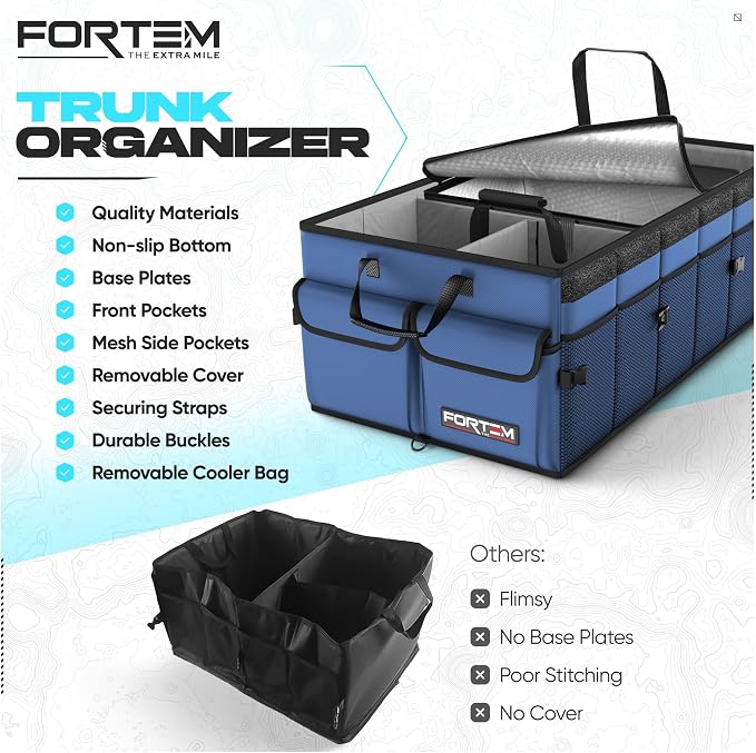 Trunk Organizer with Cooler For SUV Car Trunk, Foldable Storage, Car Accessories for Women Men, Collapsible Bag, 600D Oxford, Non Slip Bottom, Straps, Soft Cover (105L)