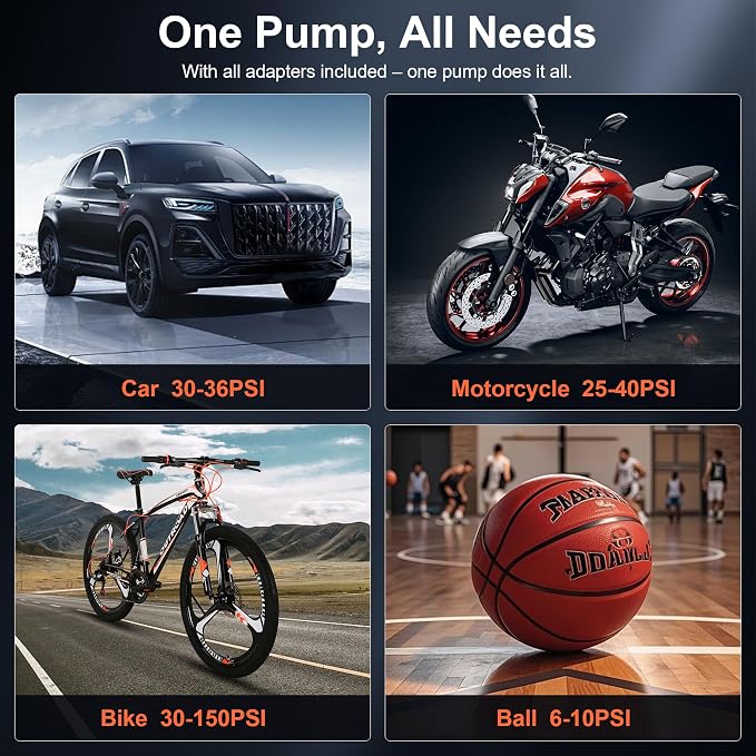 CAP02 Tire Inflator Portable Air Compressor, Fast Inflation Bike Pump with Digital Pressure Gauge and LED Light, 150PSI Portable Air Pump for Car Tires, Motorcycle, Bike, Ball