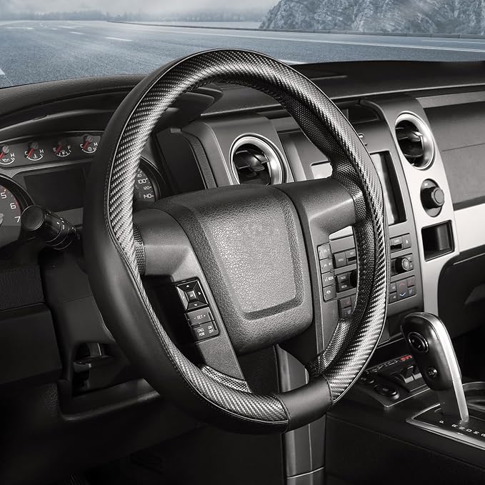 Car Steering Wheel Cover Large-Size for F150 F250 F350 Ram 4Runner Tacoma Tundra Range Rover with 15 1/2"-16" Outer Diameter Leather with Carbon Fiber Pattern Black
