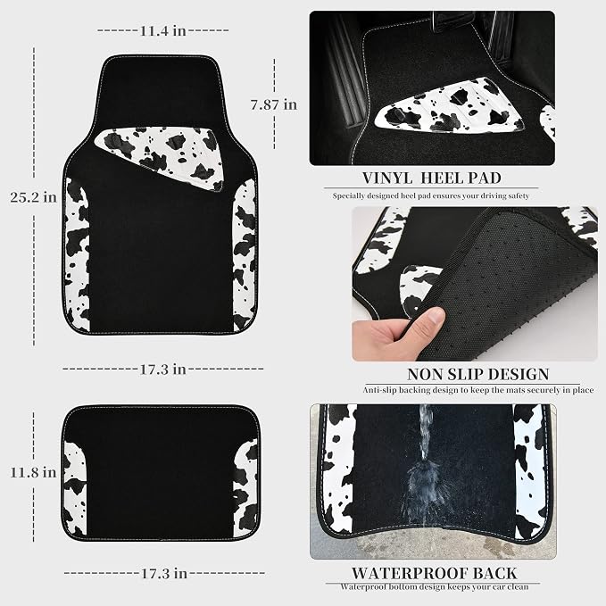 Waterproof Universal Fit Car Floor Mats, Cow Print Car Mats Fit for SUV,Vans,sedans, Trucks,Set of 4pcs Car Carpet with Driver Heel Pad and Nibs Backing,or Cute Women Girly Funny Black White