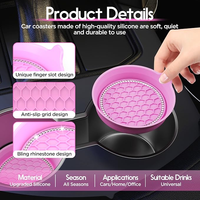 Car Cup Coaster Universal Non-Slip Cup Holders Bling Crystal Rhinestone Car Interior Accessories 2 Pack Pink