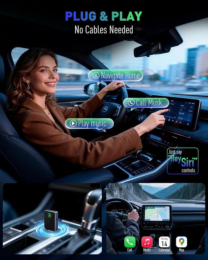 SPIRITIME Wireless CarPlay Adapter for iPhone – 5-Second Auto Connect | 1-Click Phone Swap for Families | Convert Wired to Wireless | Stable & Fast, (Space Gray)
