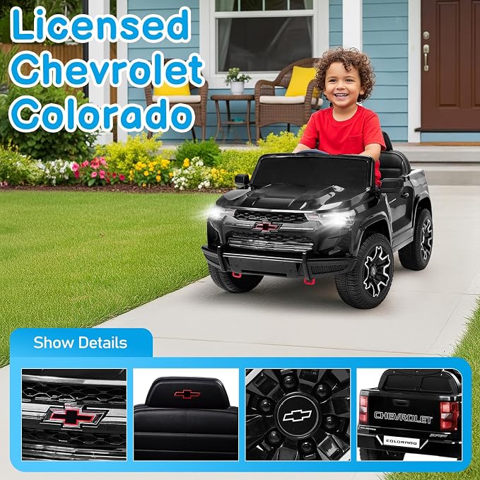 Licensed Chevrolet Colorado Electric Car for Kids, 12V Ride on Toys for Toddlers with Remote Control, Battery Powered Electric Car Ride On Vehicle w/Bluetooth, Soft Start, LED Lights - Black