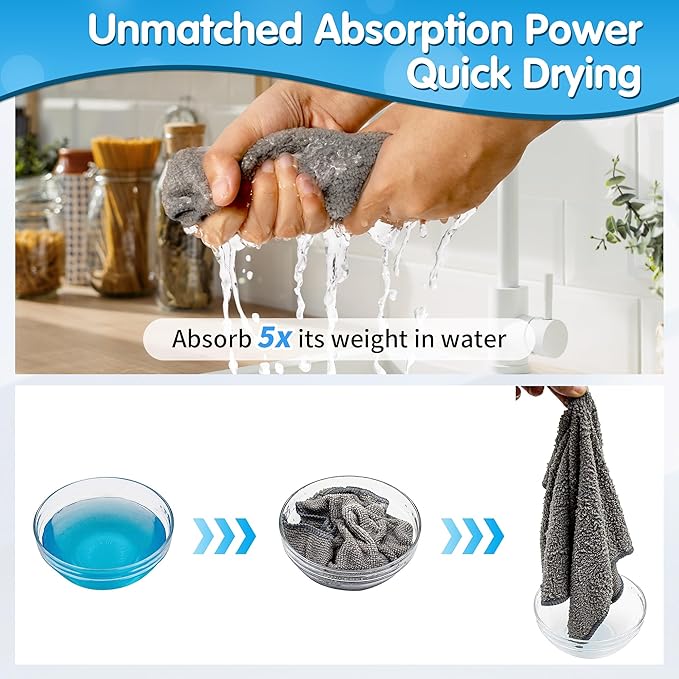 Grey Microfiber Cleaning Cloth -Pack of 8, Highly Absorbent Cleaning Rags, 16"X12" All Purpose Cleaning Towels for Housekeeping, Kitchen, Car, Lint Free and Reusable Microfiber Towels