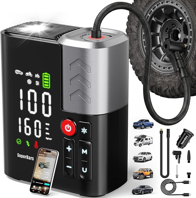 Tire Inflator Portable Air Compressor, 7X Faster Air Pump with APP, 160PSI 48LPM Electric Tire Pump with 10400mAh Battery, 45W Faster Charging, Tire Inflator for Car SUV Pickup RV MPV Truck