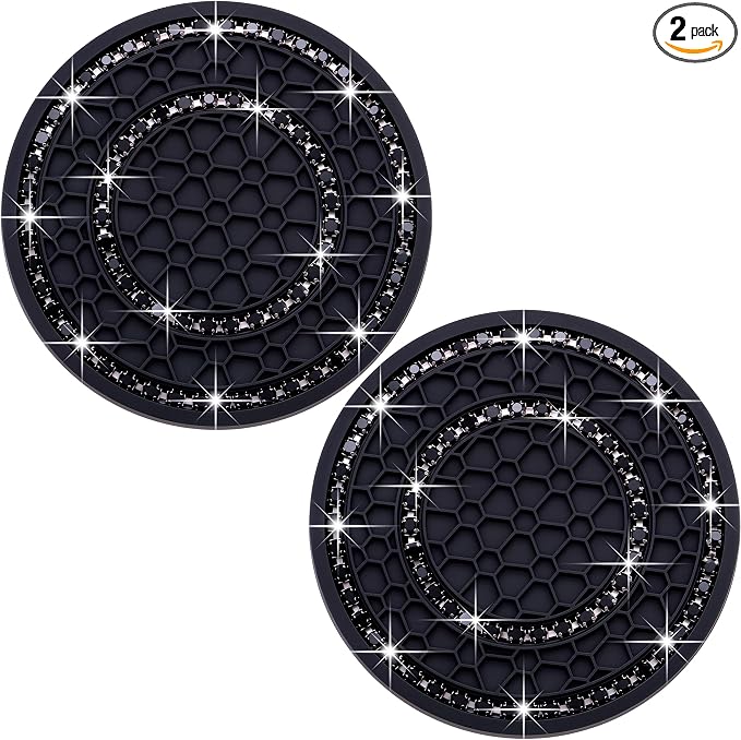 2PCS Bling Crystal Rhinestone Cup Holder Coaster, 2.75 inch Soft Silicone Anti-Slip Shockproof, Car Cup Holder Insert Coasters, Universal Car Interior Accessories for Women (Black)