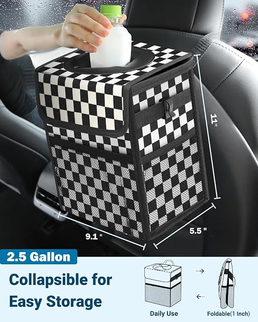 Car Trash Can with Lid, Leakproof Car Trash Bag Hanging Waterproof Automotive Garbage Can with Storage Pockets Mini Vehicle Trash Bin for Back/Front Seat(Black Square Grid,2.5 Gallon)