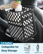 Car Trash Can with Lid, Leakproof Car Trash Bag Hanging Waterproof Automotive Garbage Can with Storage Pockets Mini Vehicle Trash Bin for Back/Front Seat(Black Square Grid,2.5 Gallon)
