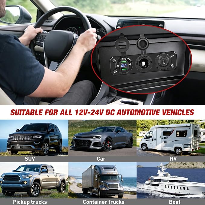 4 in 1 Charger Socket Panel Dual QC3.0 USB with LED Voltmeter Display and Cigarette Lighter Power Cutoff Switch for CarsTrucks UTV ATV