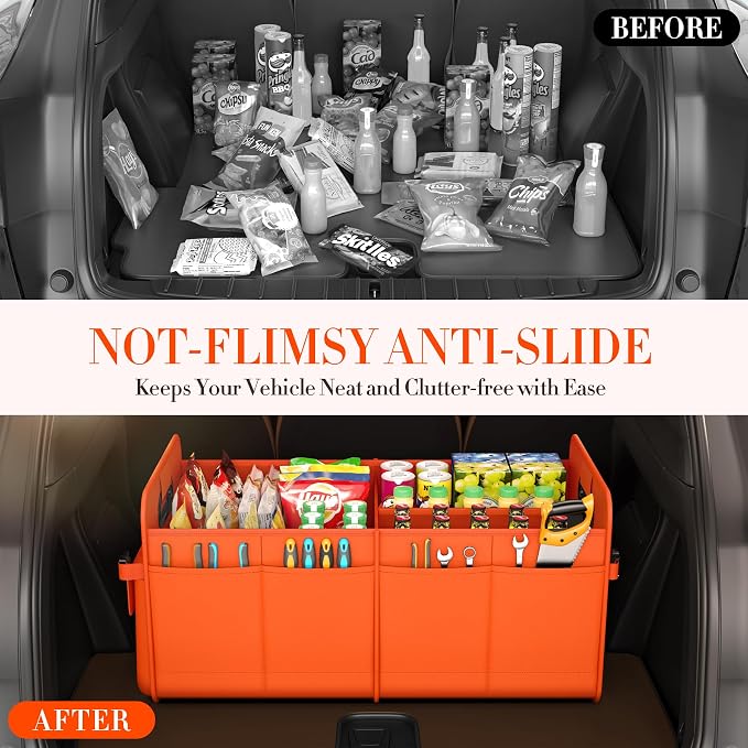 Trunk Organizer For Suv & Sedan,Car Organizers and Storage, Waterproof Collapsible & Adjustable Straps,70L Sturdy Car Organization for Car Accessories, Tools,Sundries,2-3Compartment（Orange