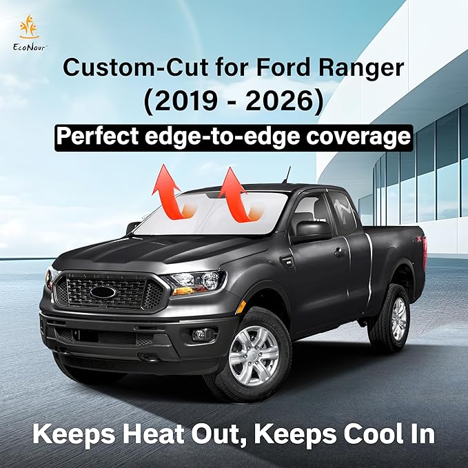 Windshield Sun Shade Compatible for Ford Ranger (2019–2024) | Front Window Shade for Midsize Pickup Truck | 4-Layer, 240T Sunshade Accessories | UV & Heat Reflector for Ranger Windshield