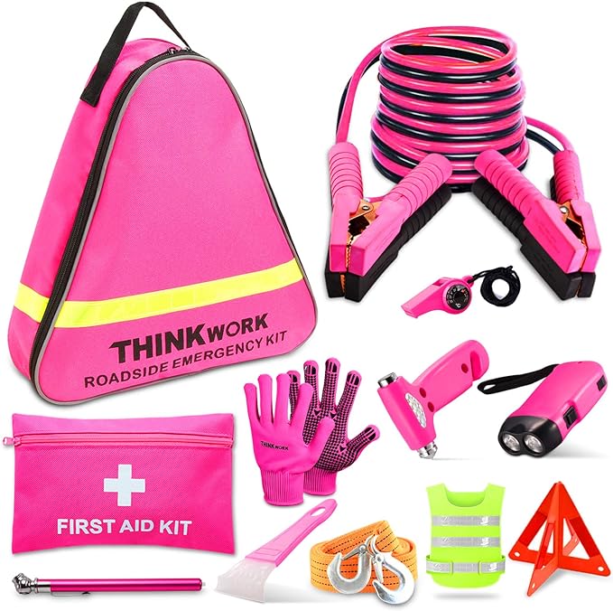 Car Emergency Kit for Teen Girl and Lady's Gifts, Pink Emergency Roadside Assistance kit with 10FT Jumper, First Aid Kit, Safety Hammer, Tow Rope, and More Ideal Pink Car Accessories Tool