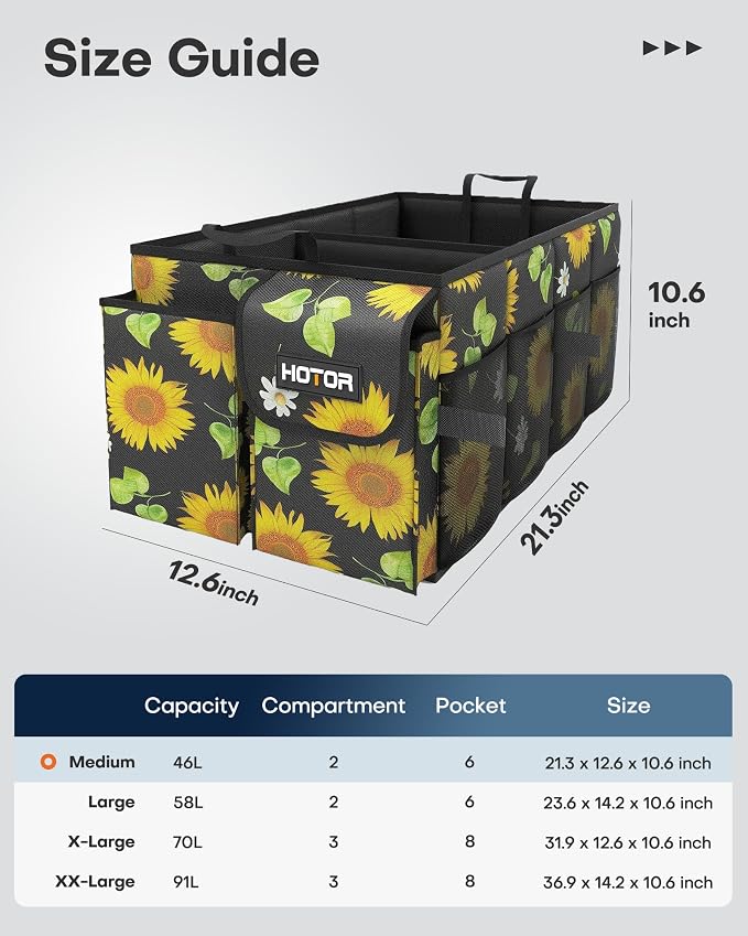 Trunk Organizer - Car Organizer, Foldable Trunk organizer for SUVs & Sedans, Sturdy Car Organization for Car Accessories, Tools, Sundries, Sunflower, 2 Compartments, 21.3"×12.6"×10.6"