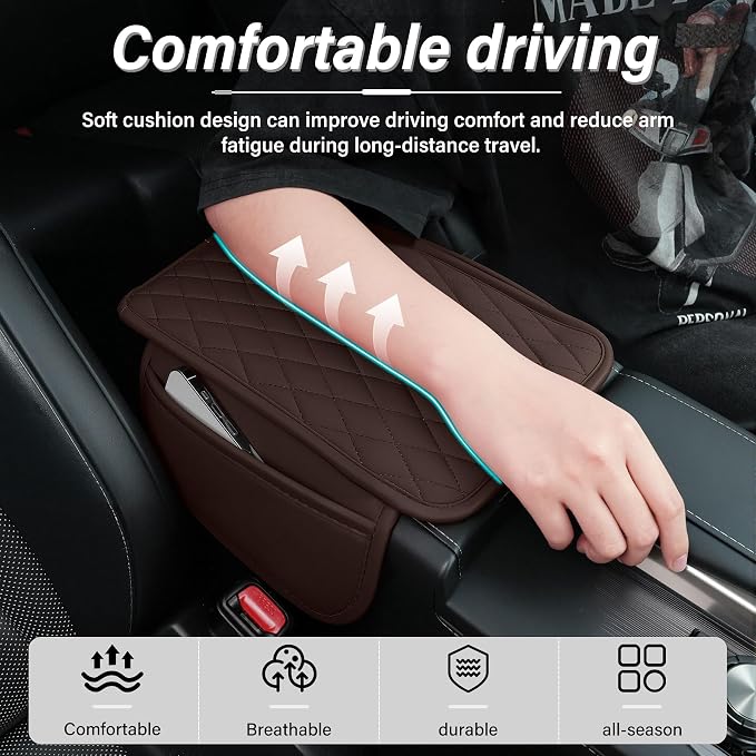Car Center Console, Upgraded Leather Car Armrest Cushion with 2 Storage Pockets, Universal Waterproof Cushion Pad, Non-Slip Car Interior Accessories, Fits Most Sedans SUVs Trucks (Brown)