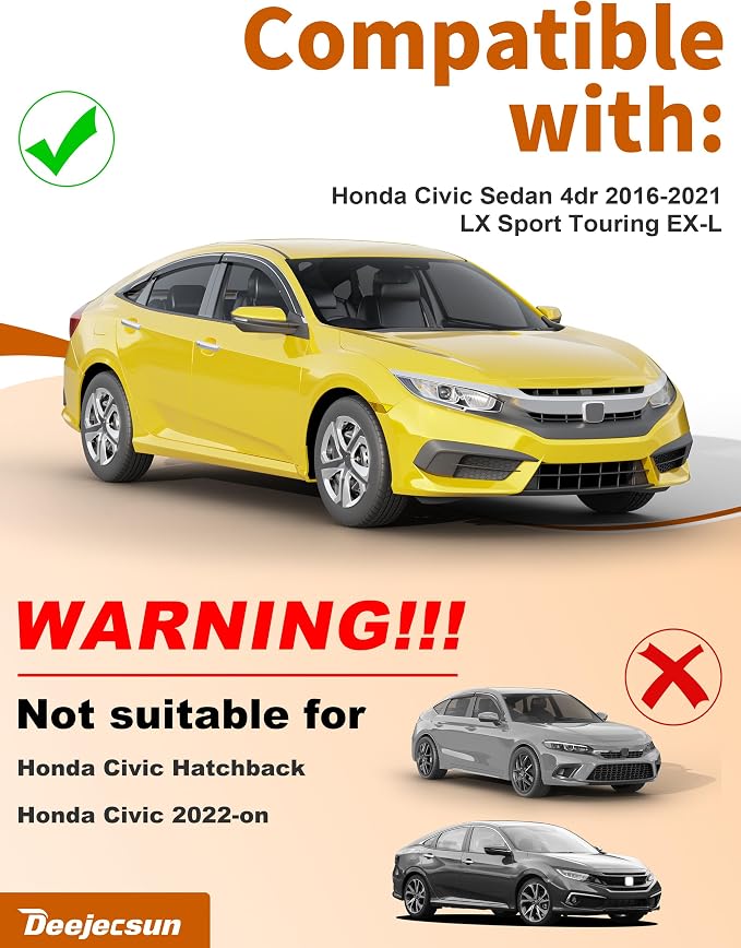 6-PCS Low Profile Window Rain Guards Fit for Honda Civic Sedan 2016-2021 Rain Guard Window Deflectors Extra-Thick Side Window Visors Vent Shades Tape-on Vent Visors Car Accessories
