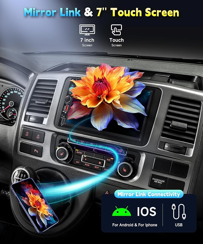 Car Stereo Double Din Radio, 7 inch Touch Screen Radio Car Audio Receivers, 2 Din Bluetooth Stereo, Mirror Link, FM EQ SWC USB Backup Camera Type-C Fast Charging