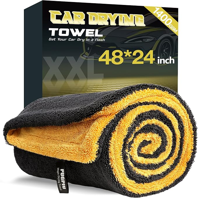PUGPIU 1400GSM Extra Large Microfiber Car Drying Towel Detailing 48"X24" | Flash Detail Car Wash Drying Towel Edgeless with Two Sided Soft Twisted-Loop, No Water Spots Streaks for Auto Car (Yellow)