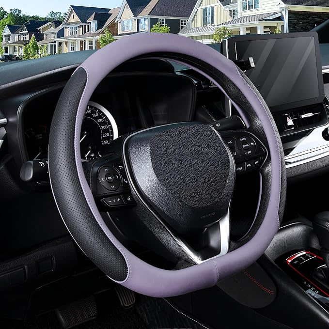 D Shaped Steering Wheel Cover for 14.5-15 inch Flat Bottom Wheels, Breathable Perforated Microfiber Leather, Anti-Slip Grip, Universal Fit for Cars & SUVs, Black and Light Purple