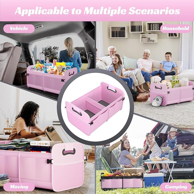 Trunk Organizer for Car - 70L Collapsible Car Storage with 11 Pockets & Reinforced Handles, SUV Trunk Organizers for Grocery Cargo(Pink)