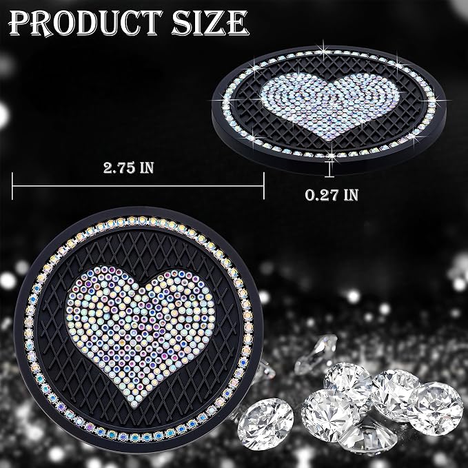 2PCS Sparkling Car Cup Holder Coaster – 2.75 Inch Silicone Insert – Non-Slip, Shockproof – Universal Auto Interior Accessories for Women Girls (Black & Colorful)